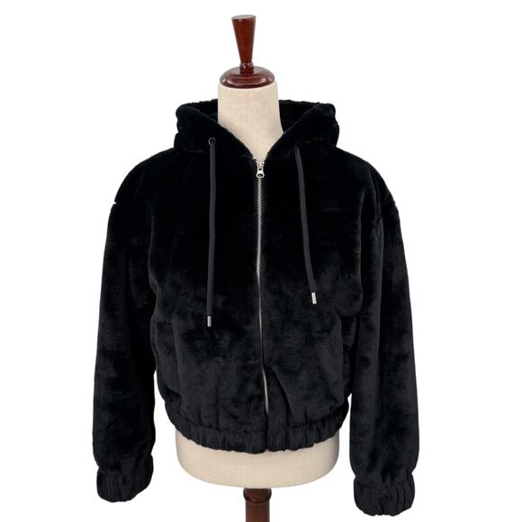 NEW Planet Heart Black Faux Fur Jacket Size XS Hooded Bomber Macy's Coat Winter - Picture 1 of 7